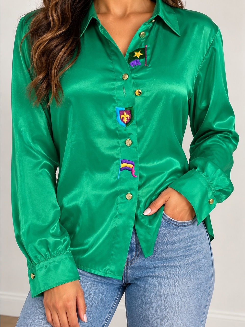 Vintage Yarell Emerald Green Satin Embroidered Button Up Blouse Size 14